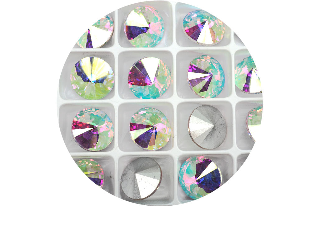 Crystal AB, Preciosa Czech MC Rivoli Pointed Back Stones in size 16mm, 10 pieces, Clear coated with Aurora Borealis, Foiled