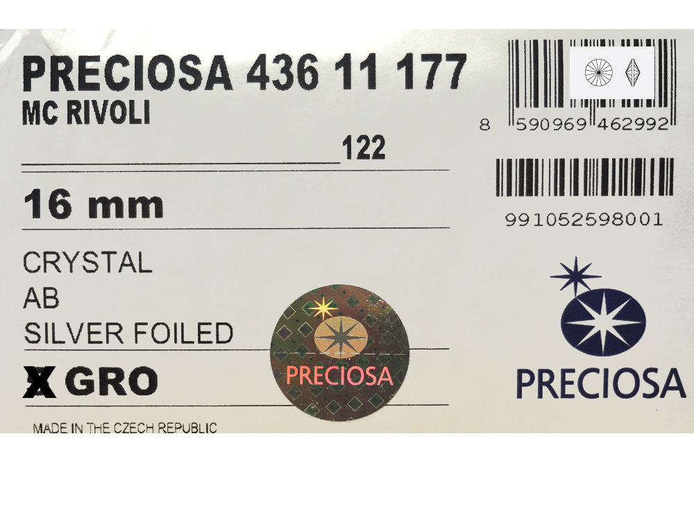 Crystal AB, Preciosa Czech MC Rivoli Pointed Back Stones in size 16mm, 10 pieces, Clear coated with Aurora Borealis, Foiled