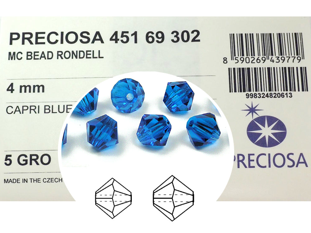 Capri Blue, Czech Glass Beads, Machine Cut Bicones (MC Rondell, Diamond Shape), rich blue crystals