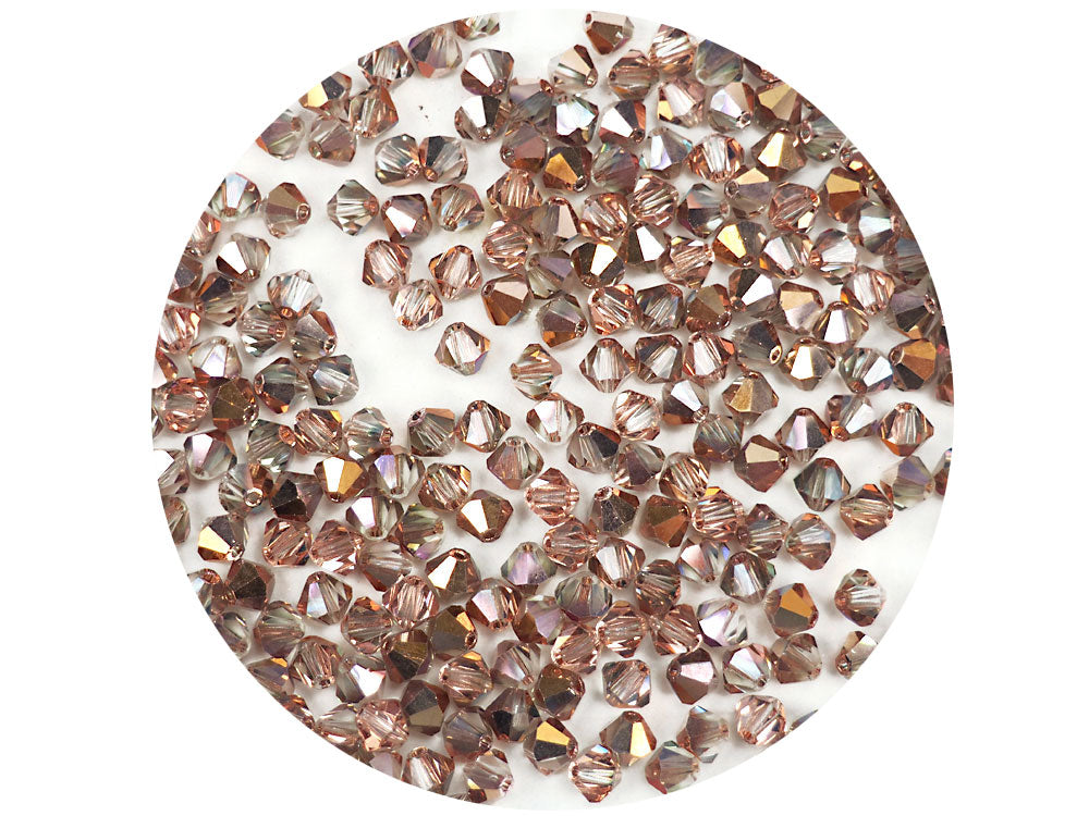 Crystal Capri Gold Half, Czech Glass Beads, Machine Cut Bicones (MC Rondell, Diamond Shape), clear crystals half coated with vintage rose pink metallic