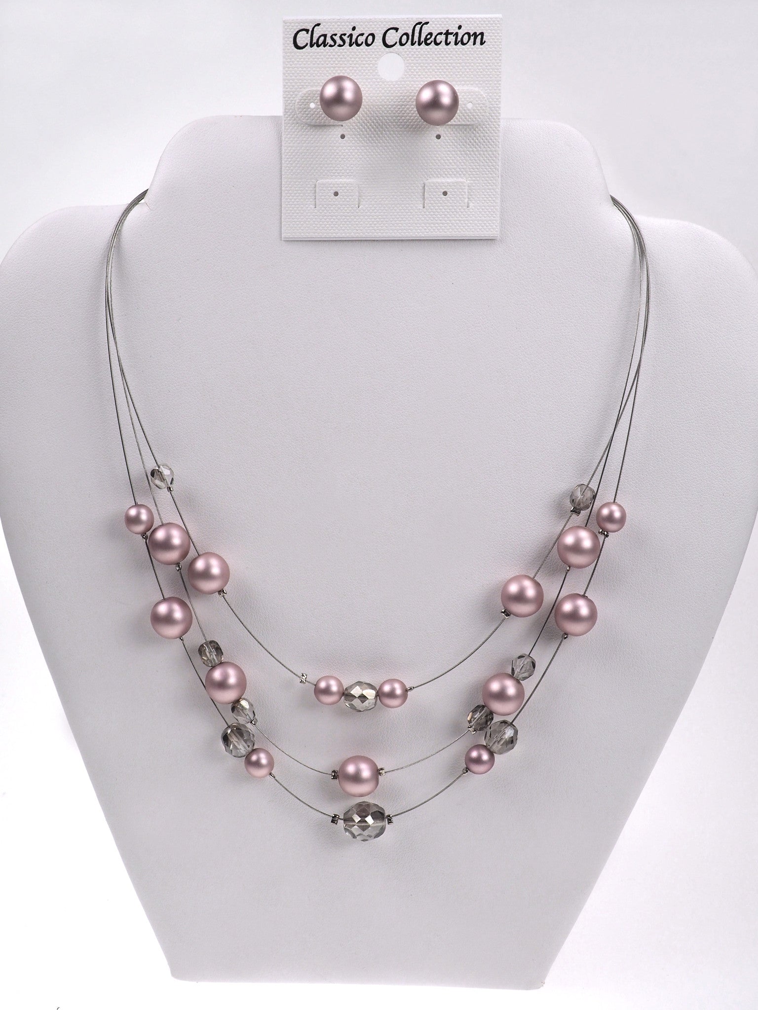 16 Inch 3-Row Handmade Czech Glass Powder Rose Pearl Necklace
