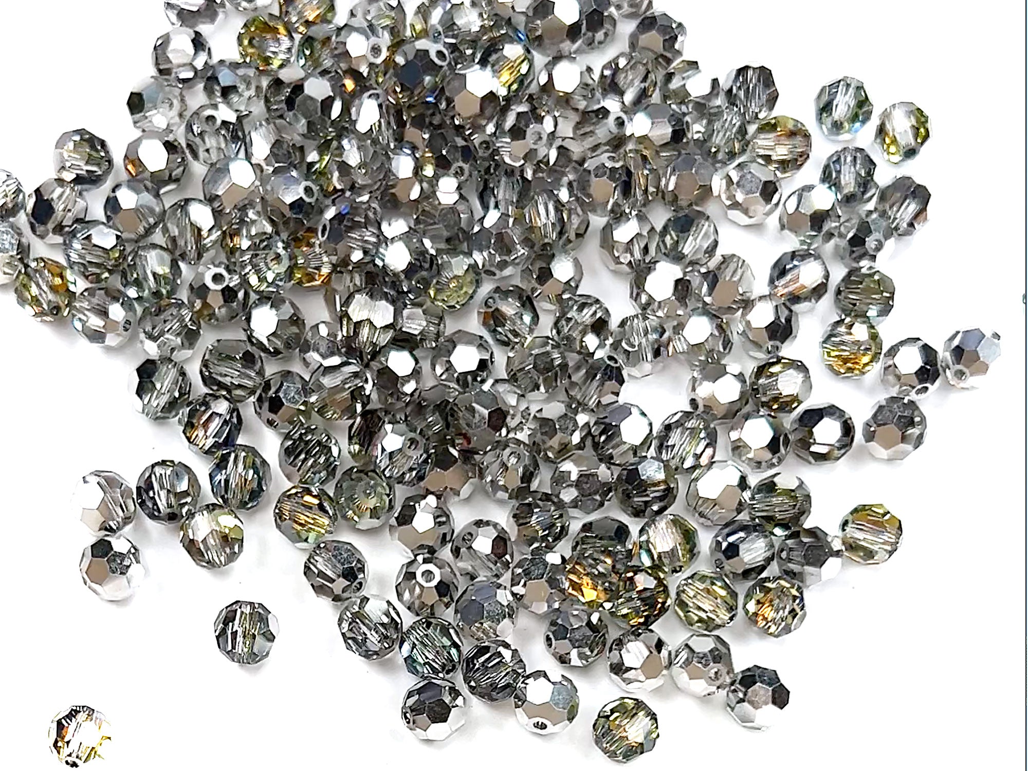 Crystal Marea Silver 28036 coated Czech Machine Cut Round Crystal Beads sizes 6mm and 8mm rosary size clear crystals coated with outside Silver and inside Marea reflection
