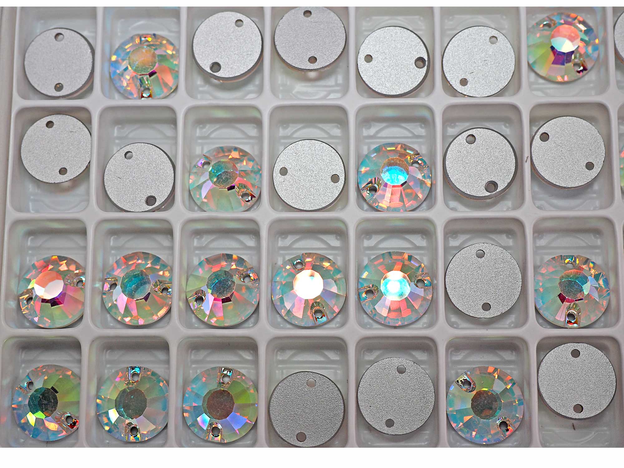 Crystal AB, Preciosa Czech MC Viva12 2-hole Flatback Sew-on Stones Style #438-61-613 Silver Foiled, sizes 8mm and 12mm