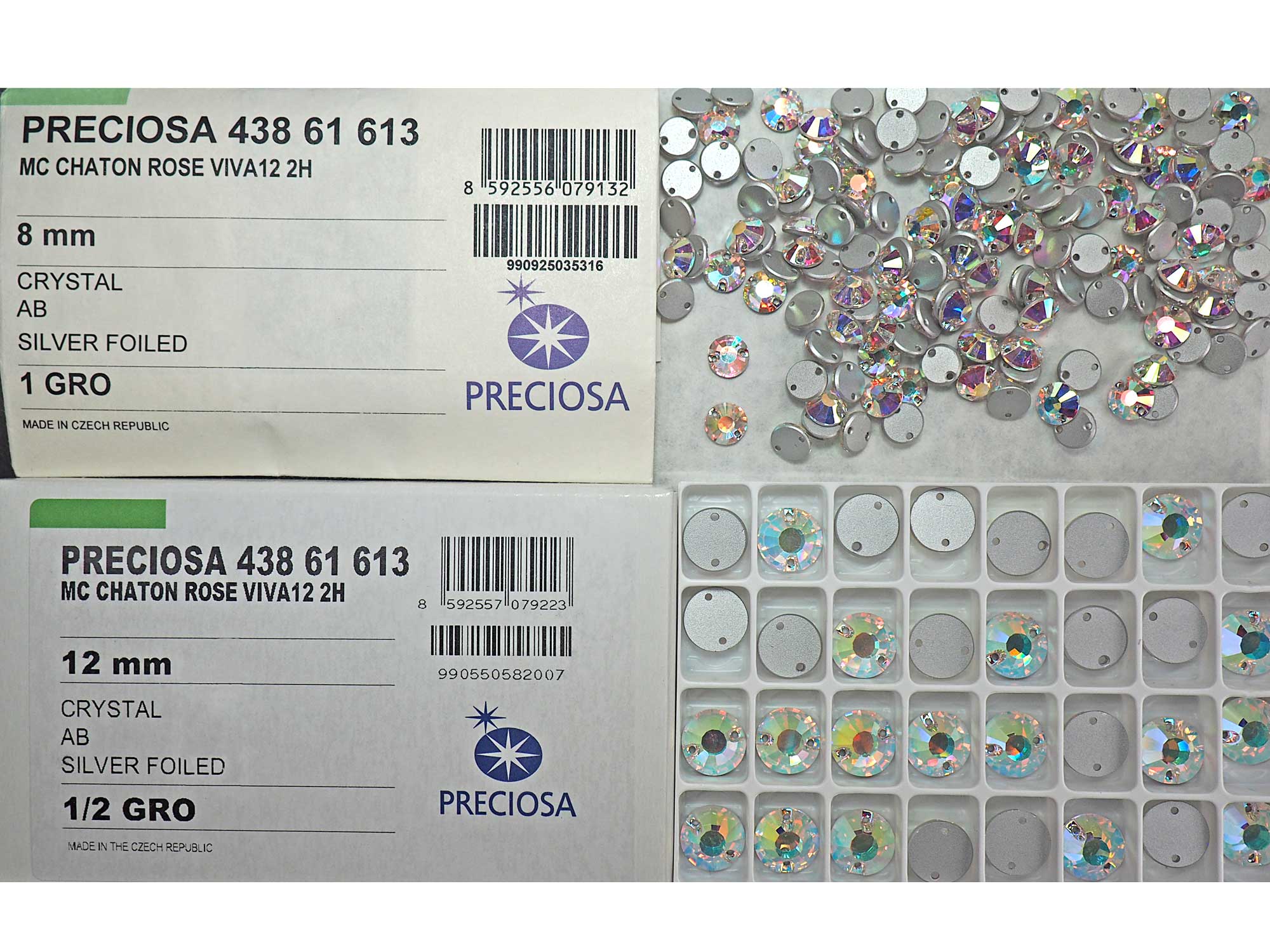 Crystal AB, Preciosa Czech MC Viva12 2-hole Flatback Sew-on Stones Style #438-61-613 Silver Foiled, sizes 8mm and 12mm