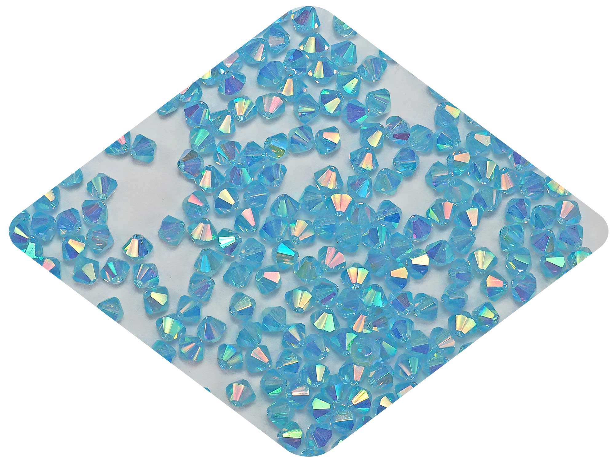 Aqua Marvel-AB, Czech Glass Beads, Machine Cut Bicones (MC Rondell, Diamond Shape), light blue crystals coated with RICH Aurora Borealis