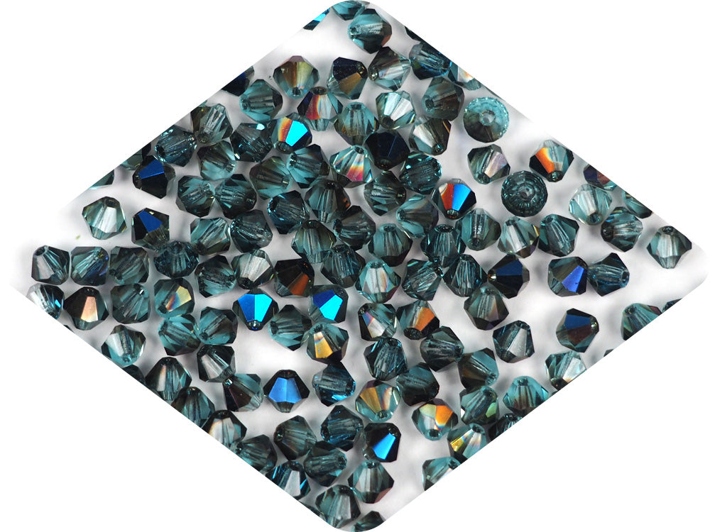 Aqua Azuro coated, Czech Glass Beads, Machine Cut Bicones (MC Rondell, Diamond Shape), aquamarine blue crystals coated with shiny blue metallic