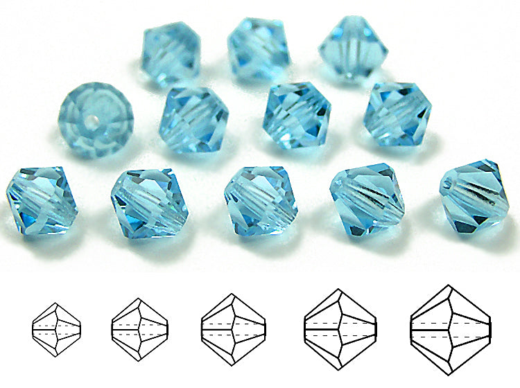 Aquamarine (Preciosa color), Czech Glass Beads, Machine Cut Bicones (MC Rondell, Diamond Shape), Aqua blue crystals