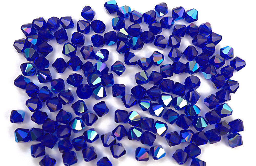 Cobalt Blue AB Czech Glass Beads Machine Cut Bicones (MC Rondell Diamond Shape) rich navy blue crystals coated with Aurora Borealis 3mm 4mm 6mm