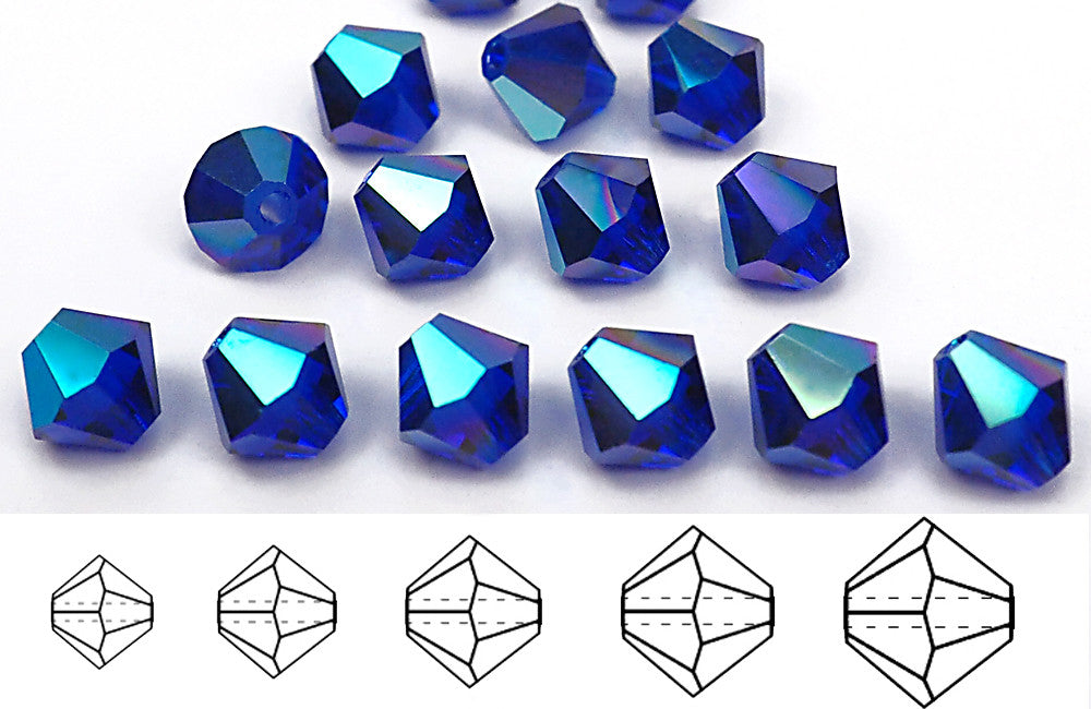 Cobalt Blue AB, Czech Glass Beads, Machine Cut Bicones (MC Rondell, Diamond Shape), rich navy blue crystals coated with Aurora Borealis