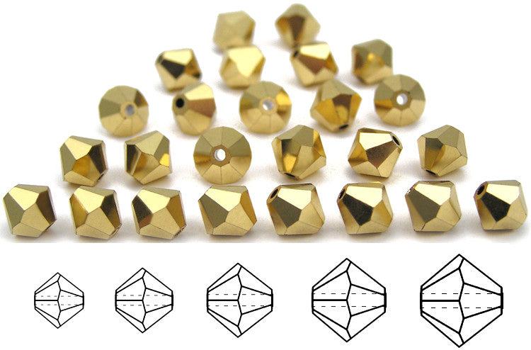 Crystal Aurum 2X fully coated Gold Czech Glass Beads Machine Cut Bicones (MC Rondell Diamond Shape) clear crystals double coated with Apollo Aureate 3mm 4mm