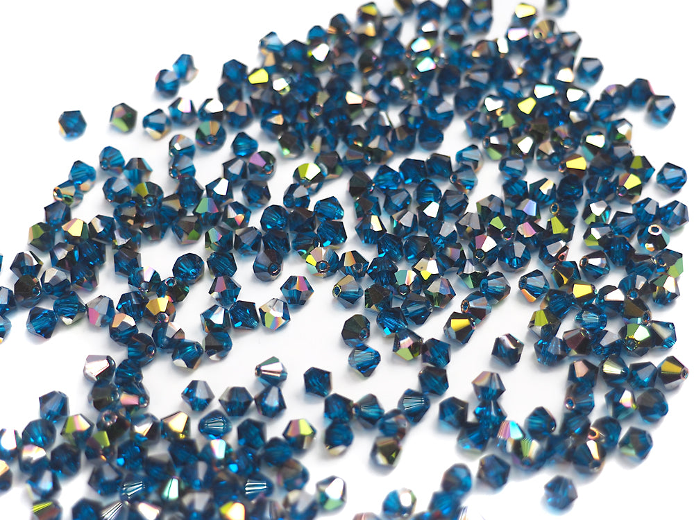 Dark Aqua Vitrail coated, Czech Glass Beads, Machine Cut Bicones (MC Rondell, Diamond Shape), deep blue crystals coated with Vitrail Medium