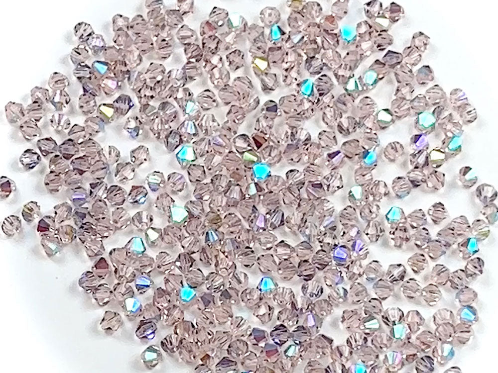 Pinkish AB, Czech Glass Beads, Machine Cut Bicones (MC Rondell, Diamond Shape), light pink crystals coated with Aurora Borealis, size 4mm, 360pcs