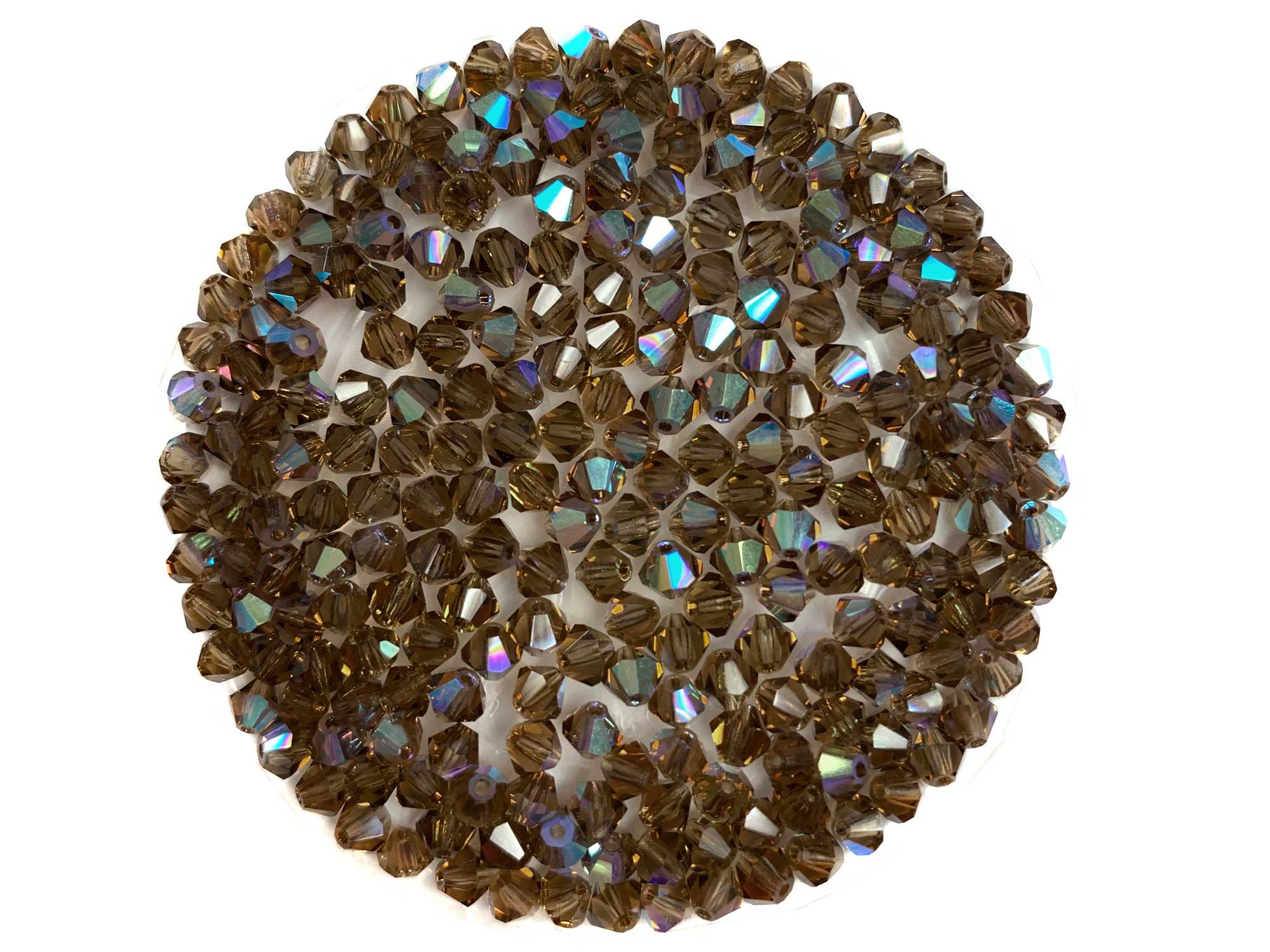 Smoked Topaz AB, Czech Glass Beads, Machine Cut Bicones (MC Rondell, Diamond Shape), dark brown crystals coated with Aurora Borealis, 4mm, 5mm, 8mm