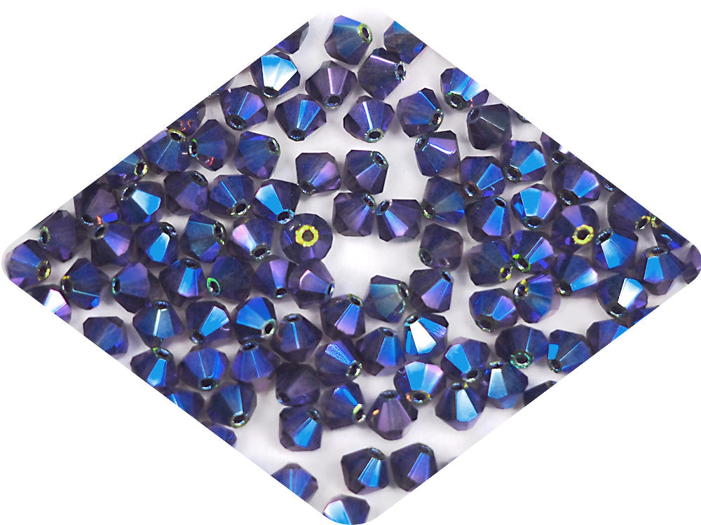 Tanzanite AB2X full AB Czech Glass Beads Machine Cut Bicones (MC Rondell Diamond Shape) dark purple crystals double-coated with Aurora Boreale 3mm 4mm