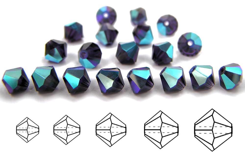 Tanzanite AB (Deep Tanzanite AB), Czech Glass Beads, Machine Cut Bicones (MC Rondell, Diamond Shape), deep purple crystals coated with Aurora Borealis