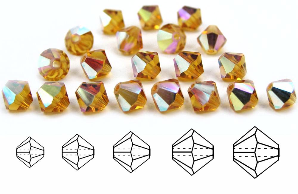 Topaz AB, Czech Glass Beads, Machine Cut Bicones (MC Rondell, Diamond Shape), light brown crystals coated with Aurora Borealis