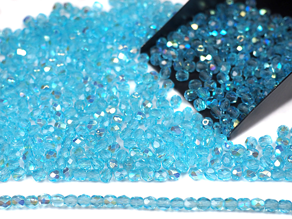 Aqua AB, loose Czech Fire Polished Round Faceted Glass Beads, light blue aquamarine with Aurora Borealis