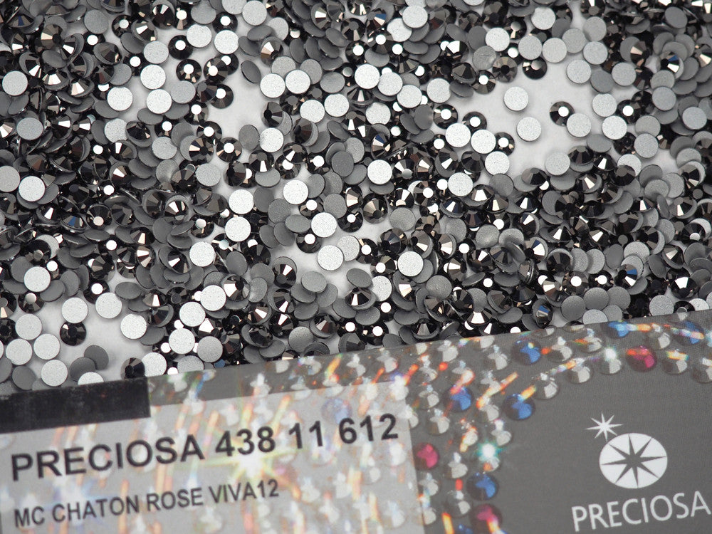 Jet Silver Flare Preciosa Viva Chaton Roses Article 438-11-612 (Viva12 Rhinestone Flatbacks), Genuine Czech Crystals jet black coated with silvery hematite metallic ss20