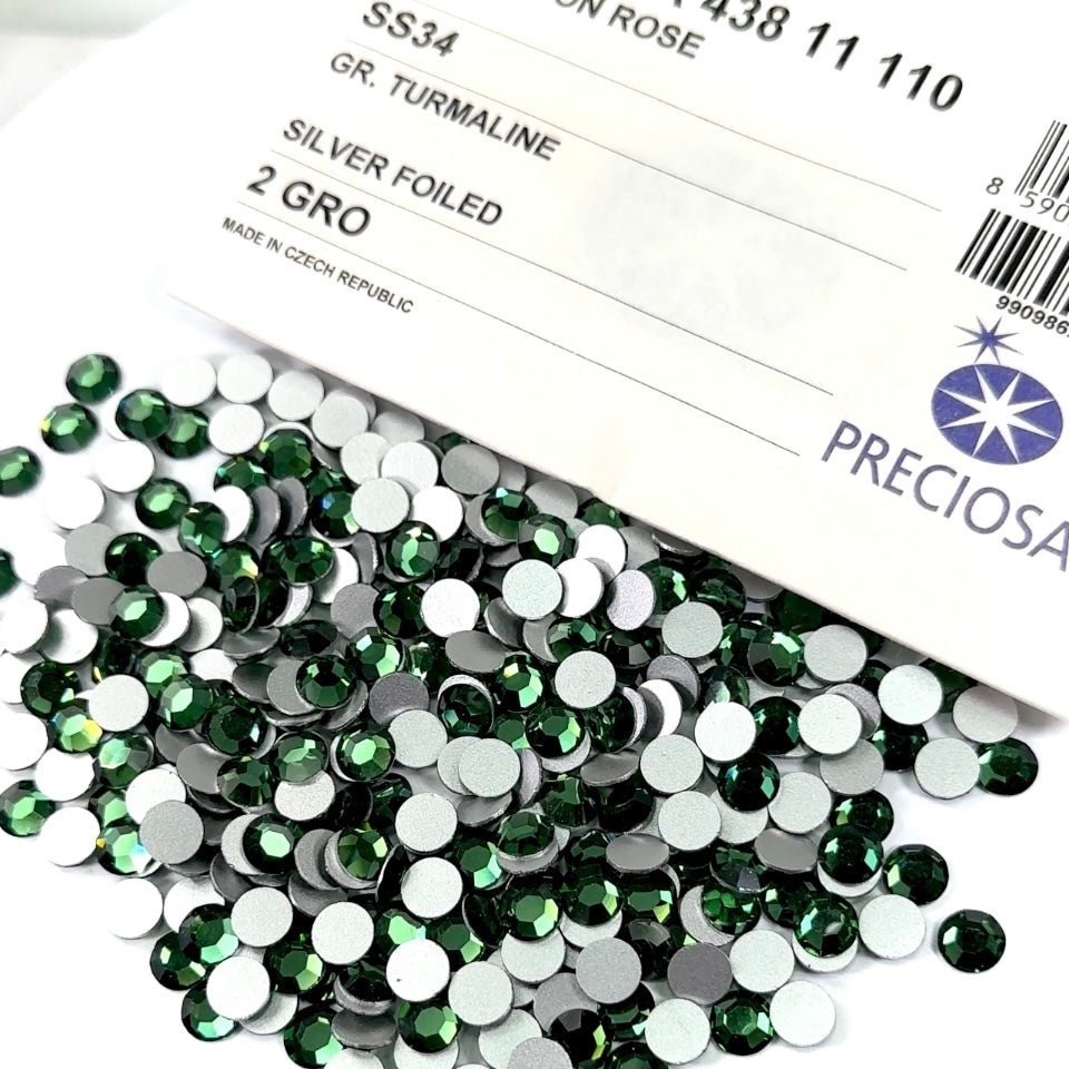 Green Turmaline Preciosa 8-faceted Chaton Roses Article 438-11-110 (8-ft Rhinestone Flatbacks) Genuine Czech Crystals
