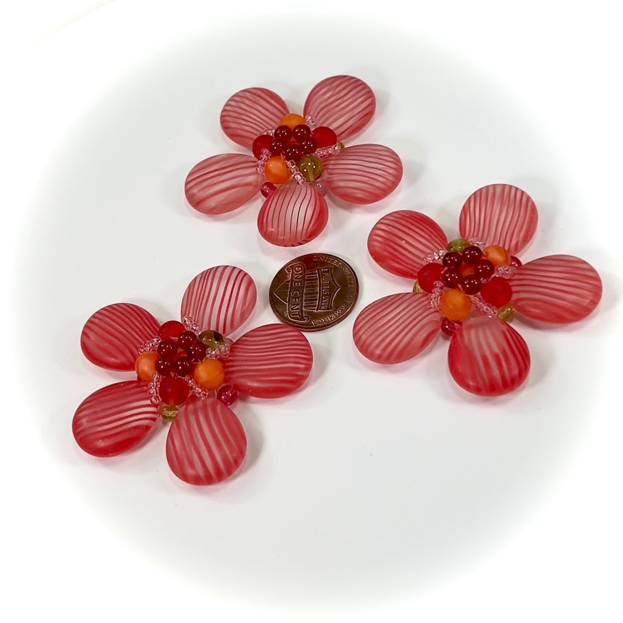 Czech Glass Beads 2 inch Flower Ornament Red Striped Multi Combination 1 piece CA003