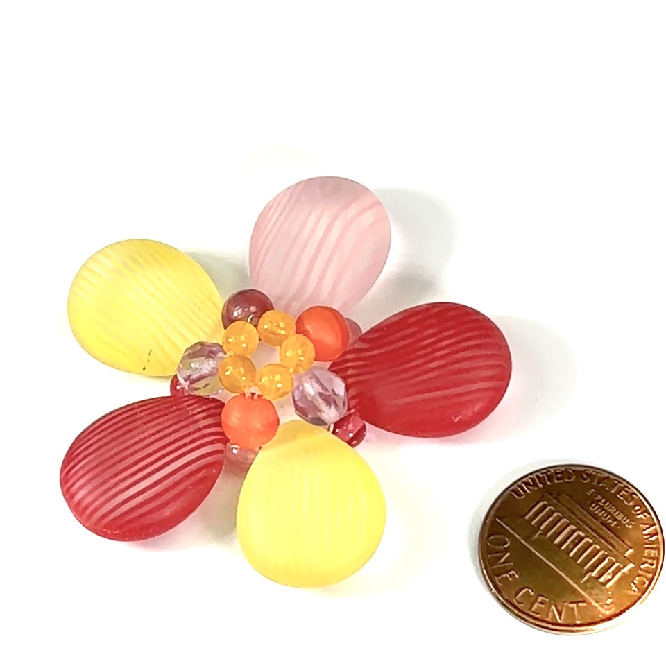 Czech Glass Beads 2 inch Flower Ornament Red Yellow and Pink Combination 1 piece CA005
