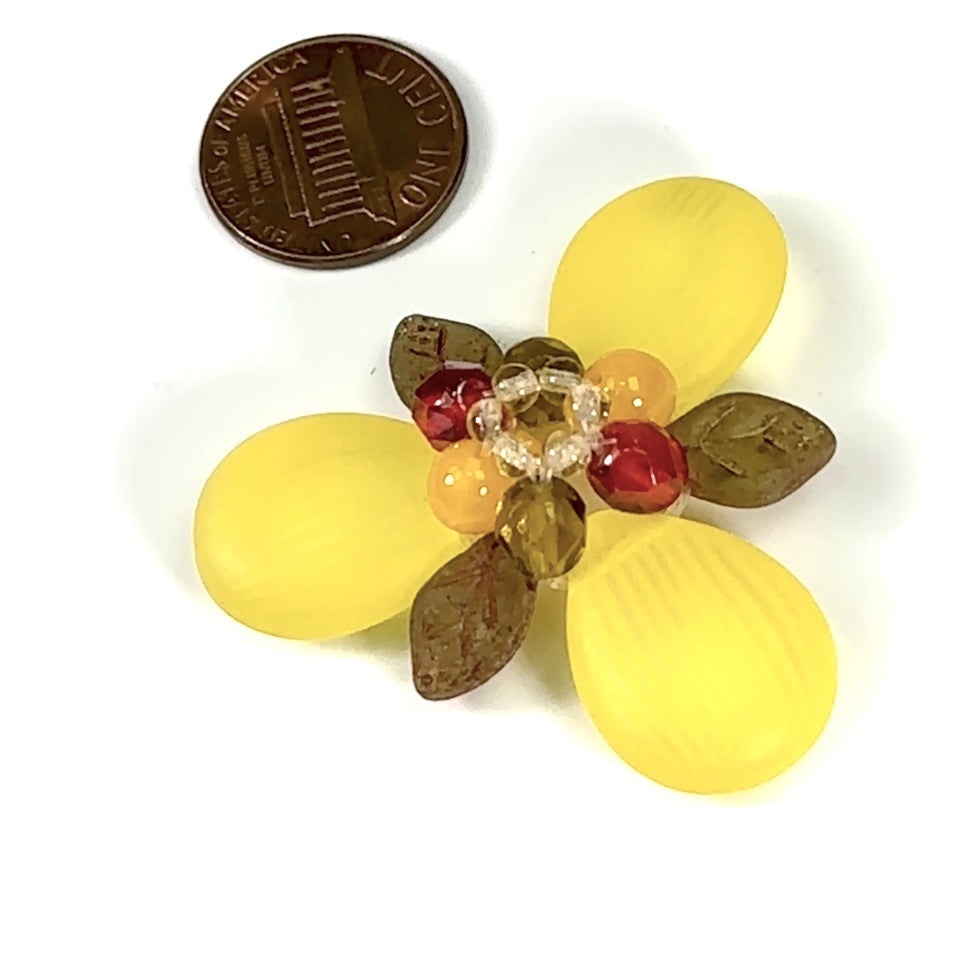 Czech Glass Beads 1.75 inch Flower Ornament Yellow and Green Combination 1 piece CA007