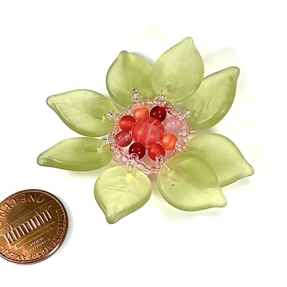 Czech Glass Beads 2 inch Flower Ornament Green Pink and Orange Combination 1 piece CA018