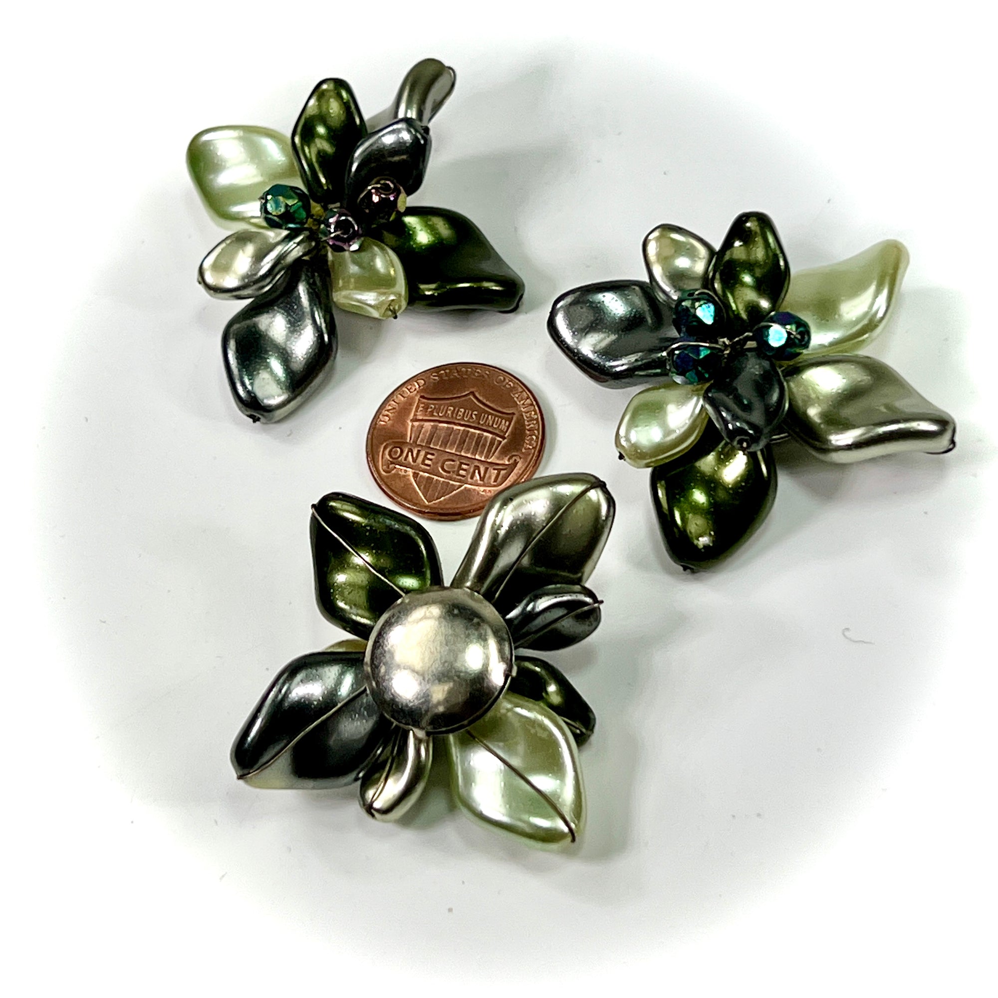 Czech Glass Beads 1.5 inch Flower Ornament Green and Grey Color Combination 1 piece CA024