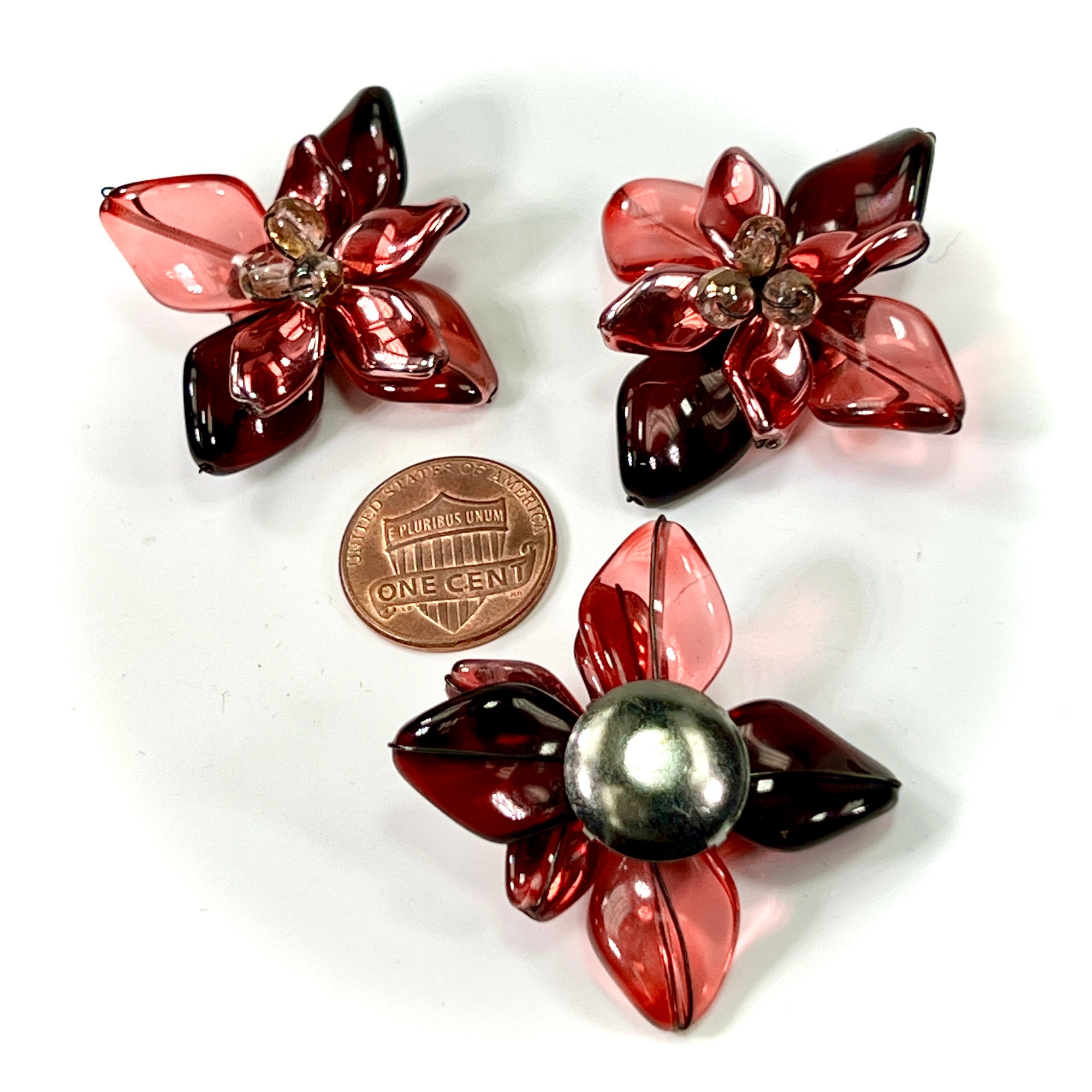 Czech Glass Beads 1.5 inch Flower Ornament Fuchsia and Red Color Combination 1 piece CA025