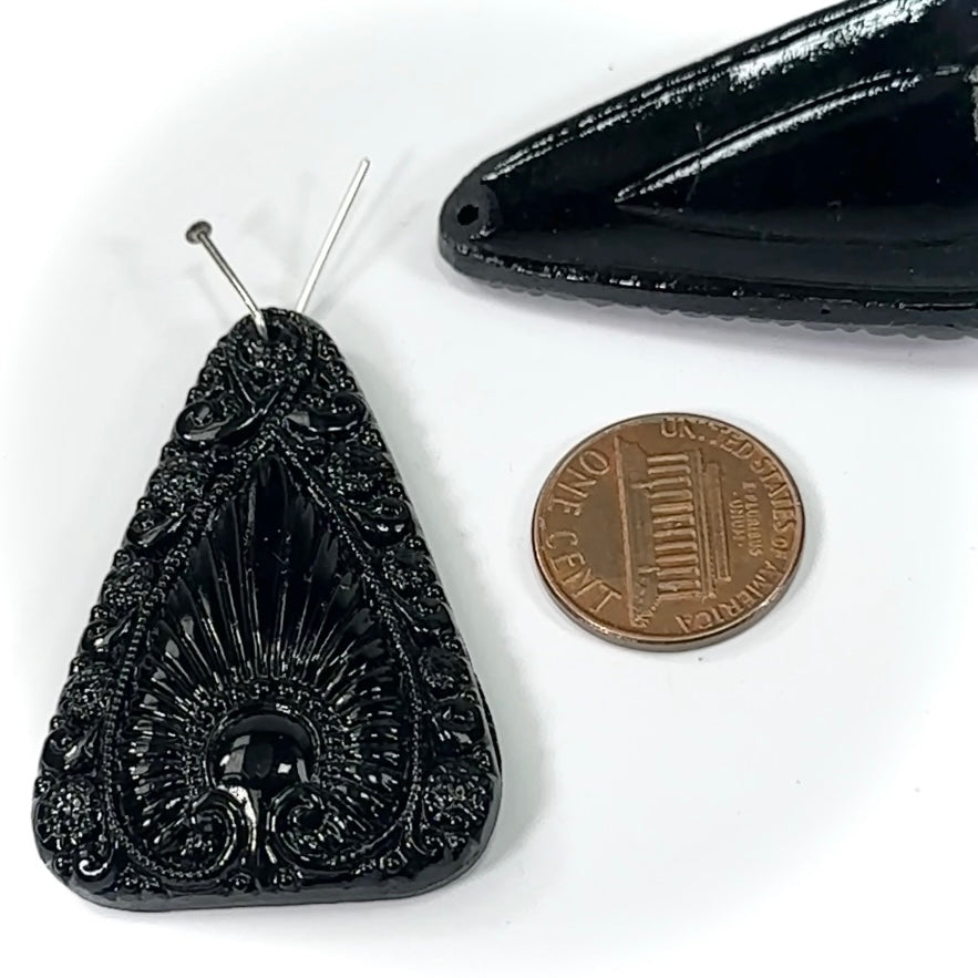 Czech Glass Large Triangle Ornament Pendant 46x31mm Jet Black 1 piece CA028