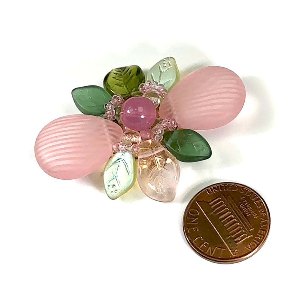 Czech Glass Beads 2 inch Flower Ornament Pink and Green Combination 1 piece CA031