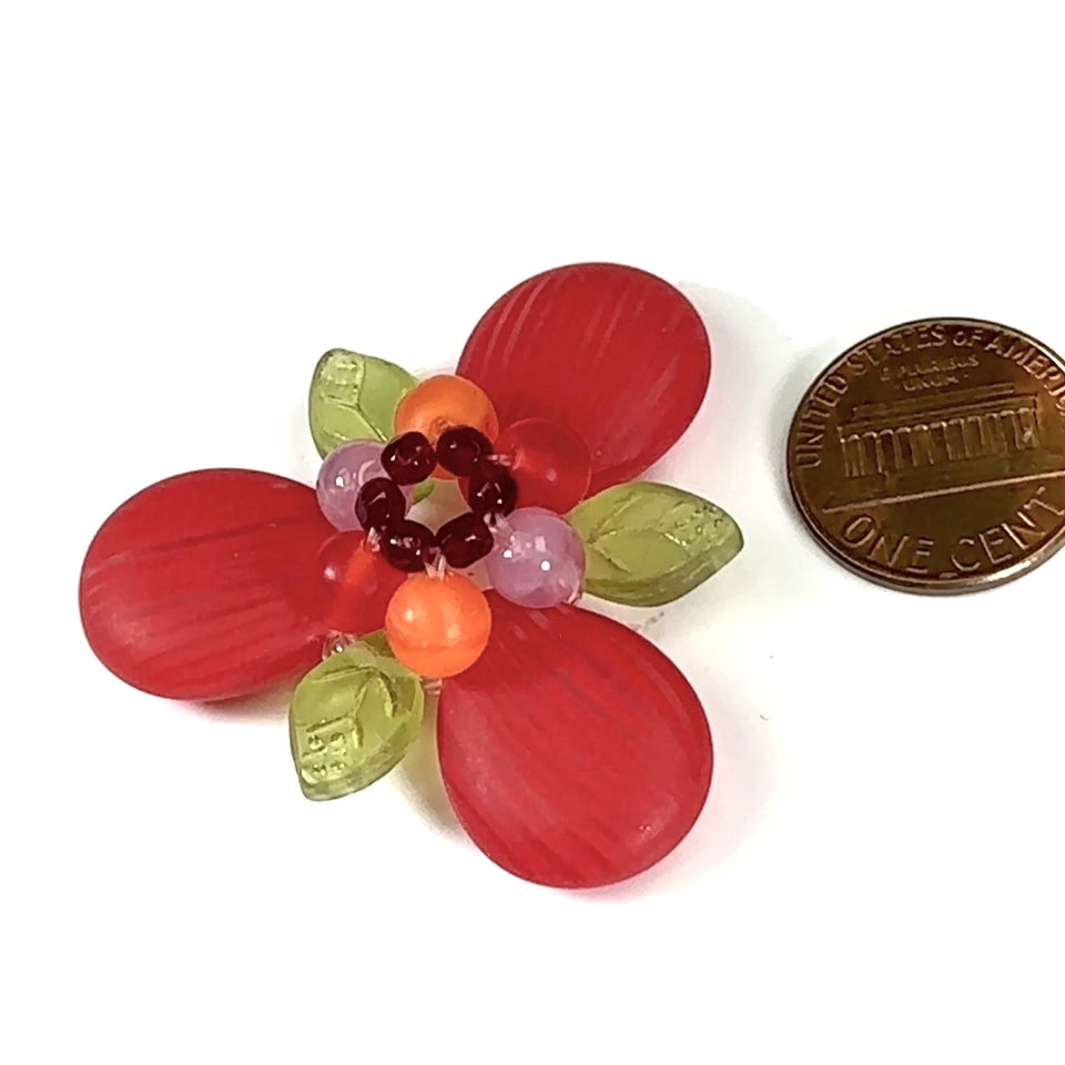 Czech Glass Beads 1.75 inch Flower Ornament Red Multi and Green Combination 1 piece CA032