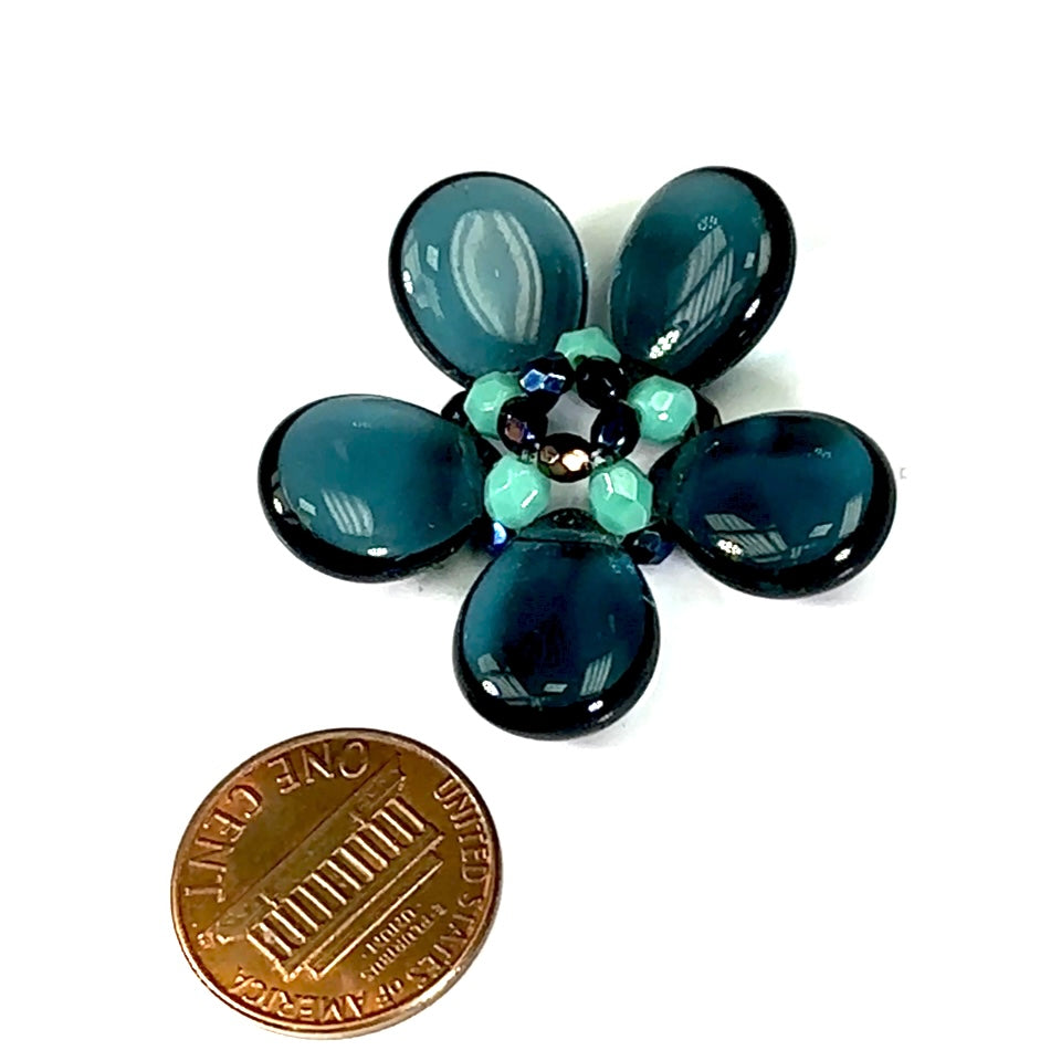 Czech Glass Beads 1.5 inch Flower Ornament Montana Blue and Green Turquoise Combination 1 piece CA035