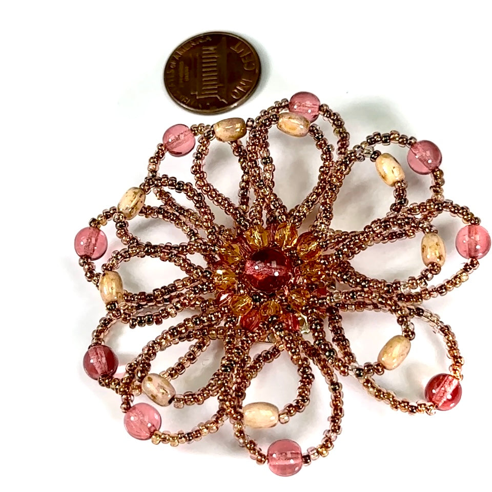 Czech Glass Beads 2.75 inch Flower 3D Ornament Dark Pink and Brown Combination 1 piece CA038
