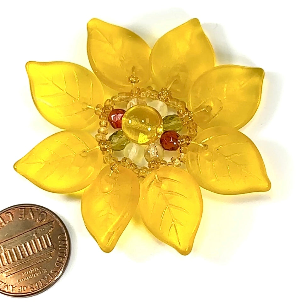 Czech Glass Beads 2 inch Flower Ornament Yellow Matt Combination 1 piece CA042