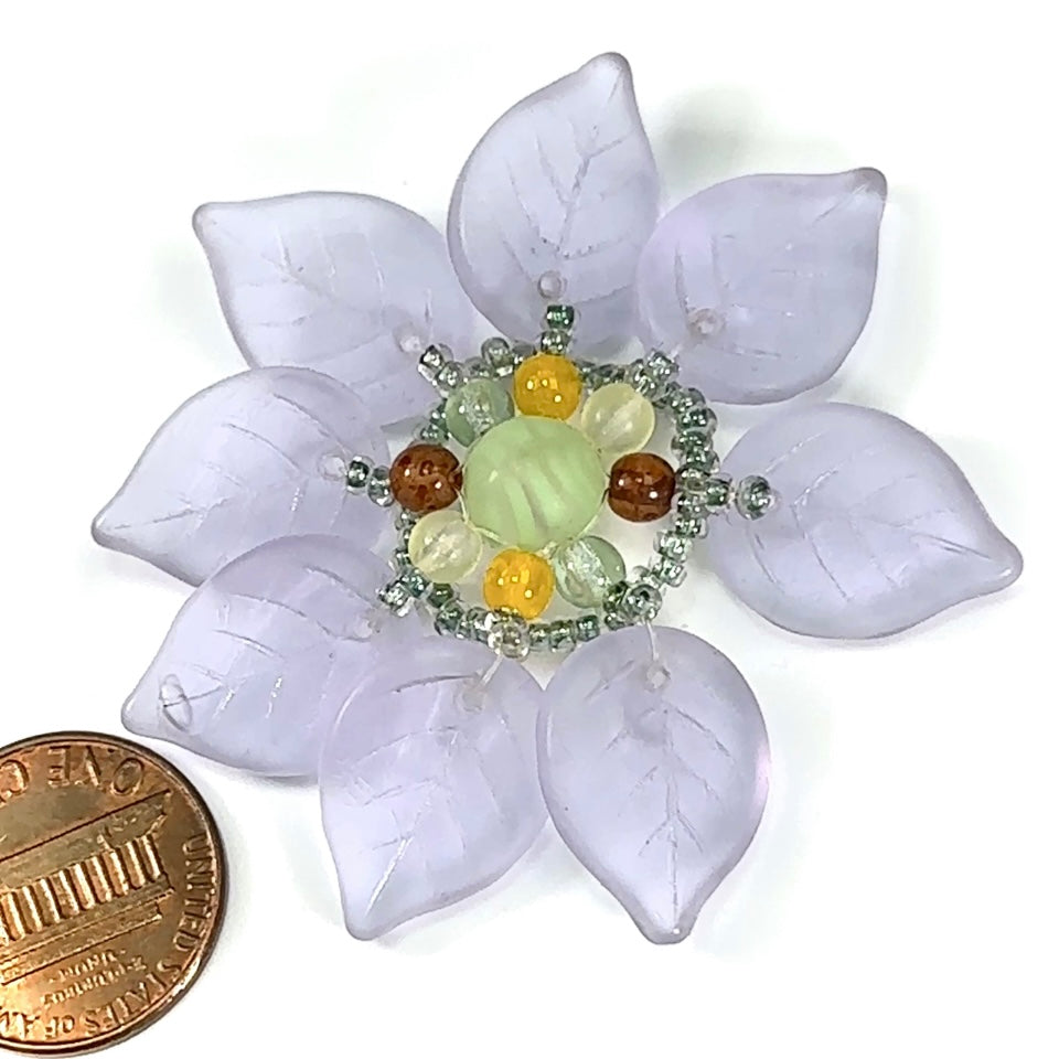 Czech Glass Beads 2 inch Flower Ornament Lavender Matt and Green Combination 1 piece CA043