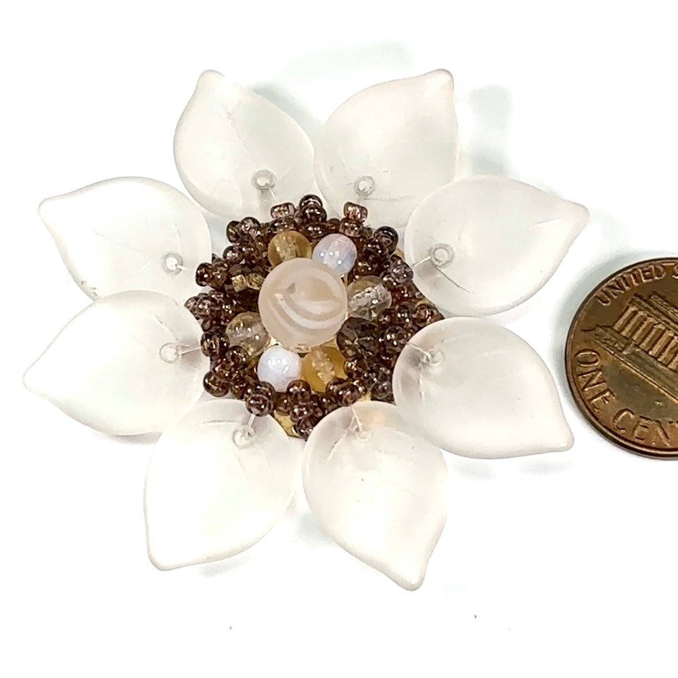 Czech Glass Beads 2 inch Flower Ornament White Matted and Brown Combination 1 piece CA044