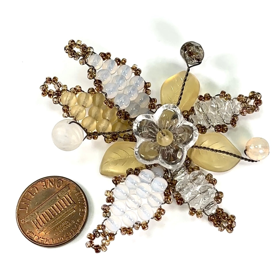 Czech Glass Beads 2.5 inch Flower 3D Ornament Whit Opal and Light Brown Matted Combination 1 piece CA045