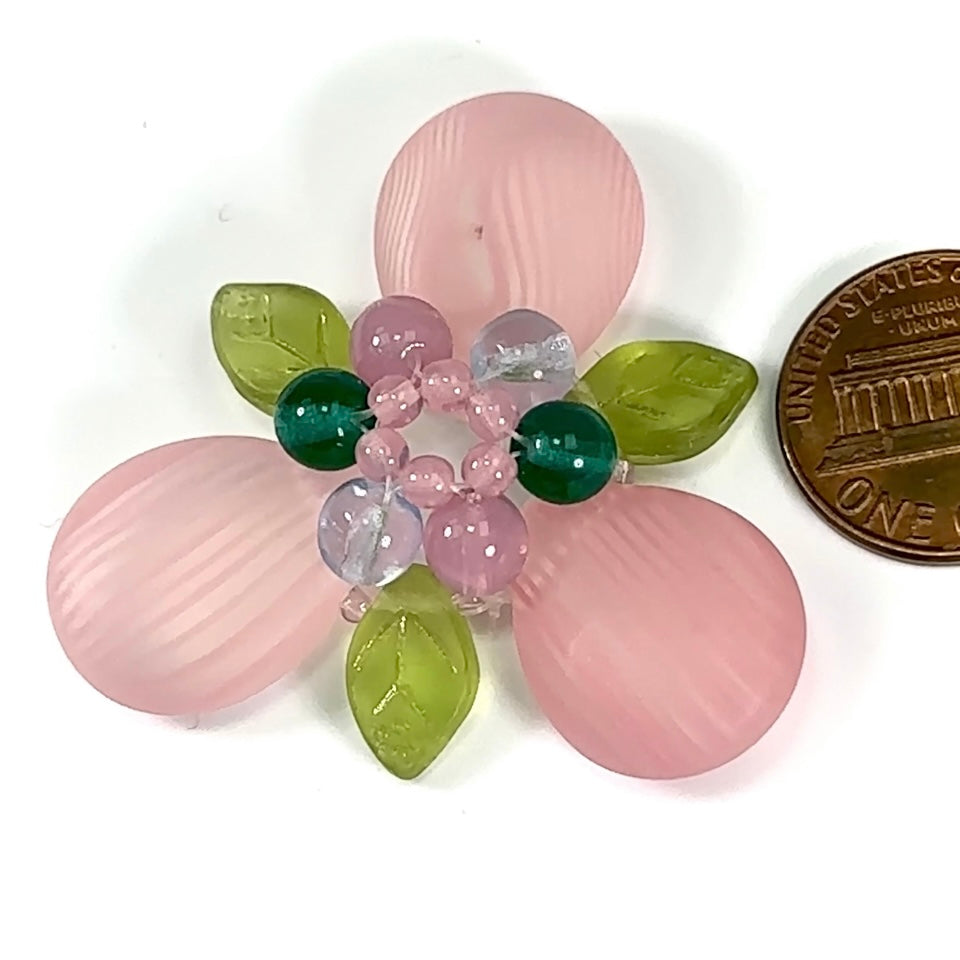 Czech Glass Beads 1.75 inch Flower Ornament Pink and Green Combination 1 piece CA047