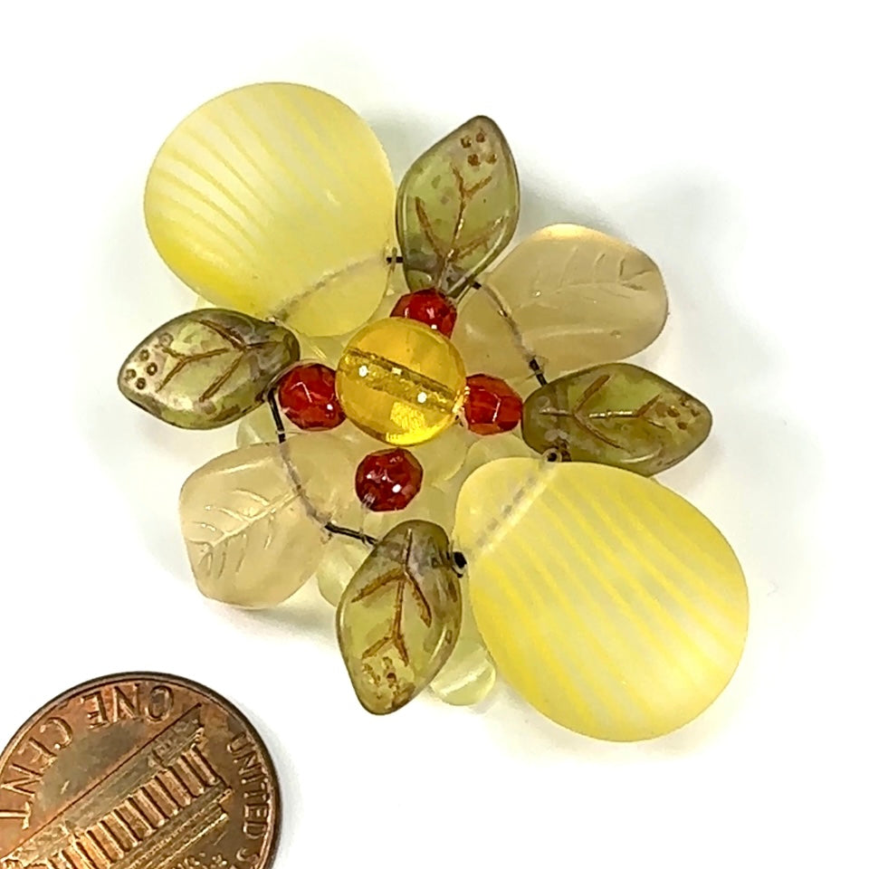 Czech Glass Beads 2 inch Flower Ornament Yellow Striped and Matted Combination 1 piece CA048