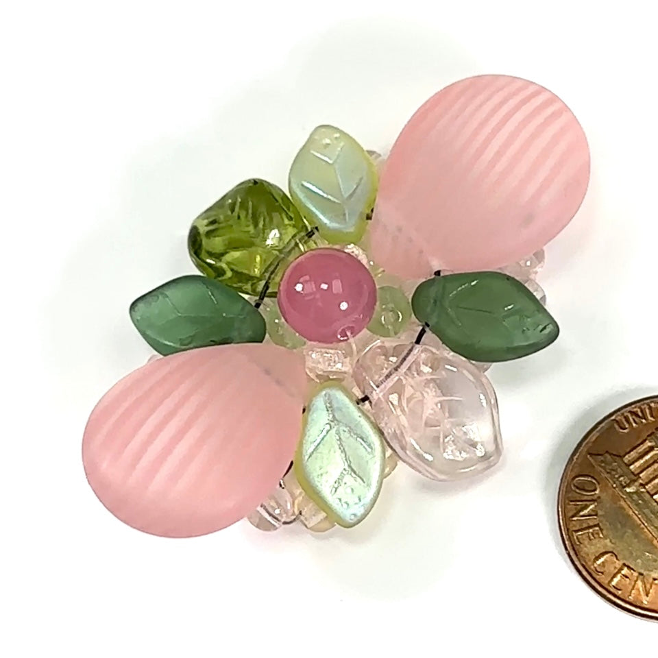 Czech Glass Beads 2 inch Flower Ornament Pink and Green Combination 1 piece CA049