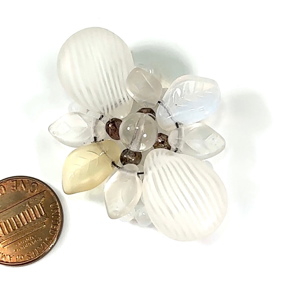 Czech Glass Beads 2 inch Flower Ornament White Striped Matted and Opal Combination 1 piece CA050
