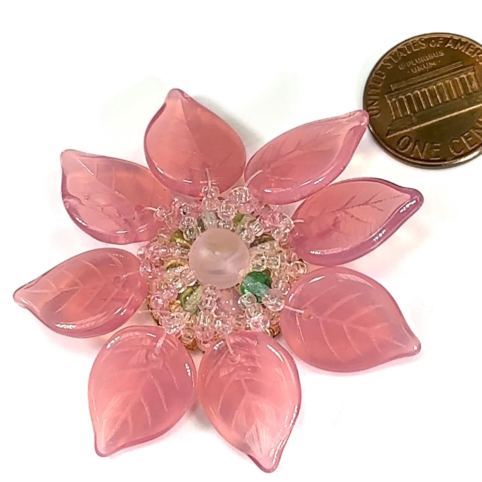 Czech Glass Beads 2 inch Flower Ornament Pink with Pink Center Combination 1 piece CA052