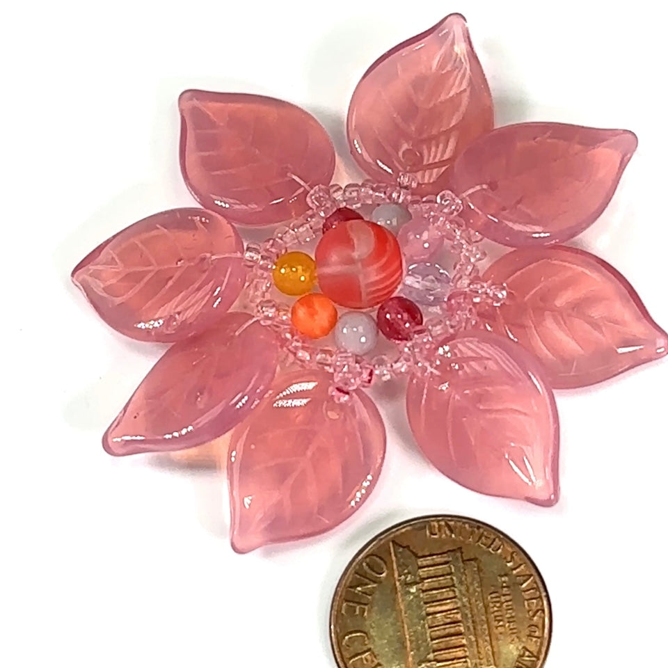 Czech Glass Beads 2 inch Flower Ornament Pink with Red Center Combination 1 piece CA053