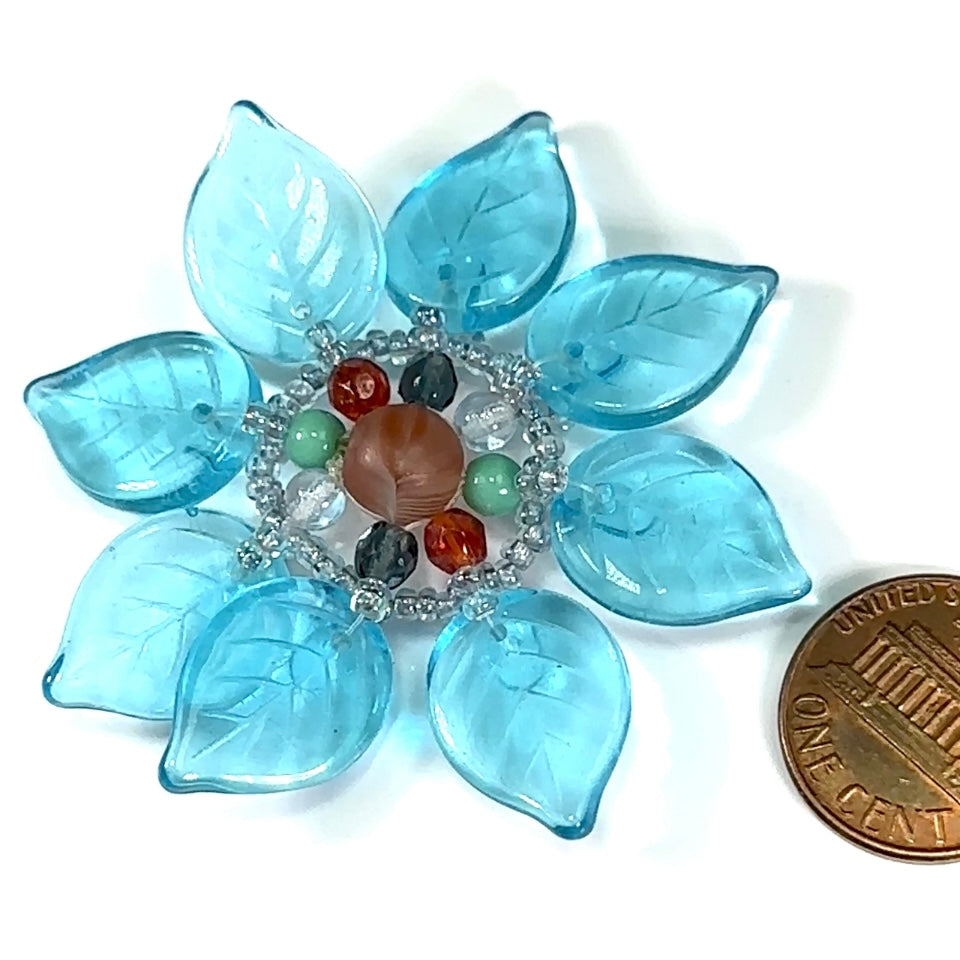 Czech Glass Beads 2 inch Flower Ornament Blue Multi Combination 1 piece CA056