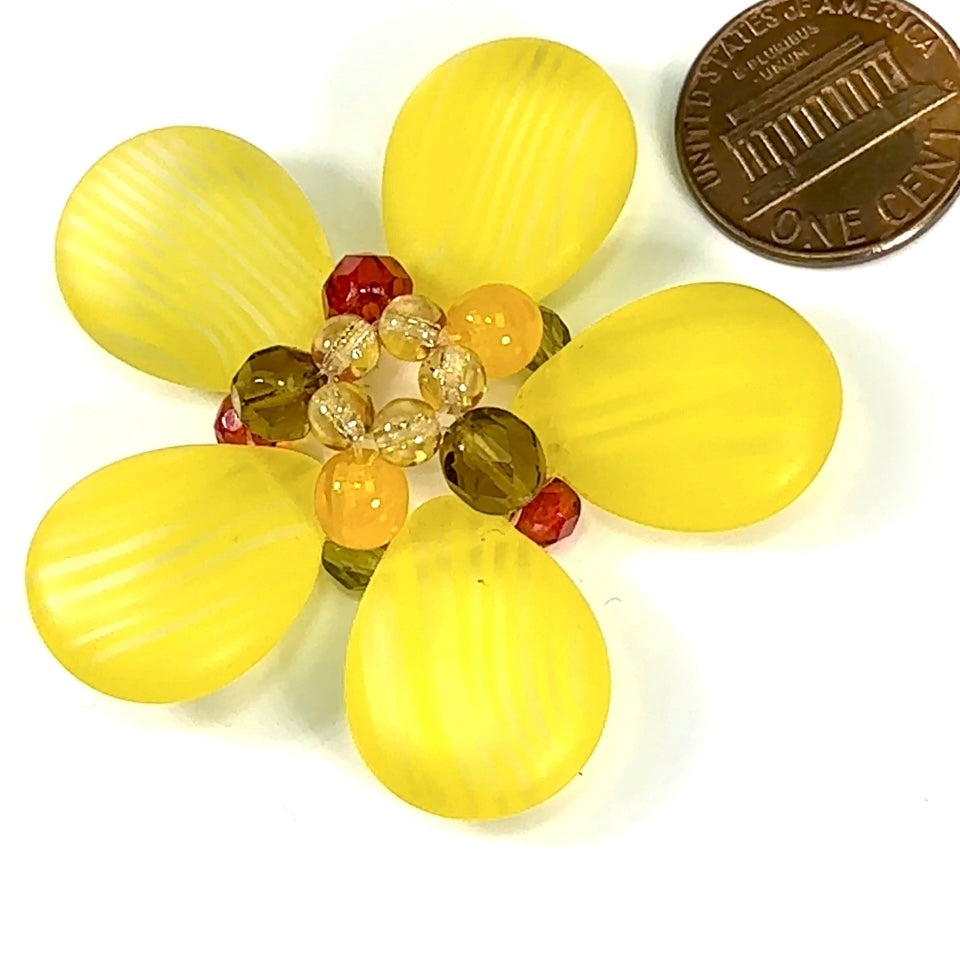 Czech Glass Beads 2 inch Flower Ornament Yellow Combination 1 piece CA057