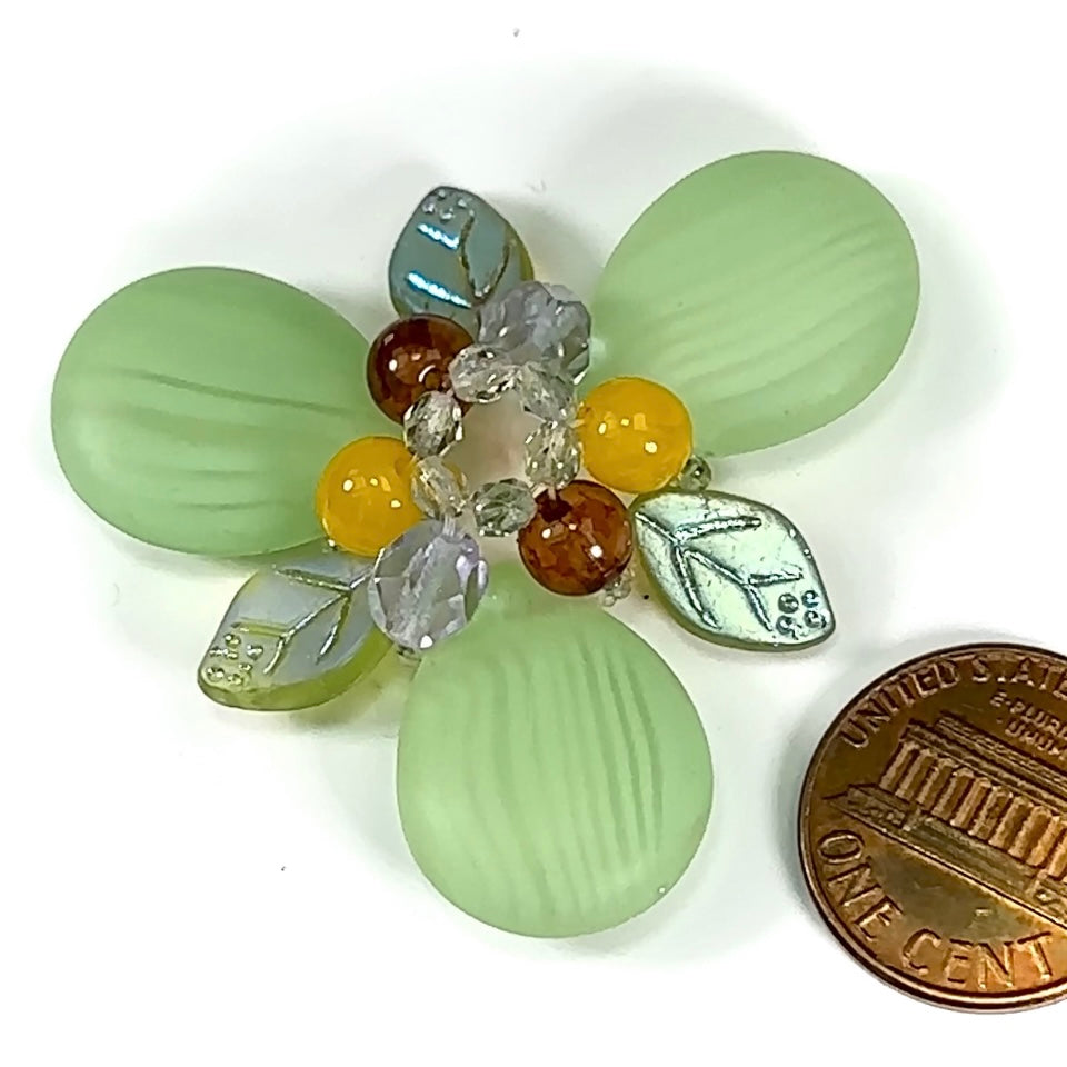 Czech Glass Beads 1.75 inch Flower Ornament Green and Yellow Combination 1 piece CA058