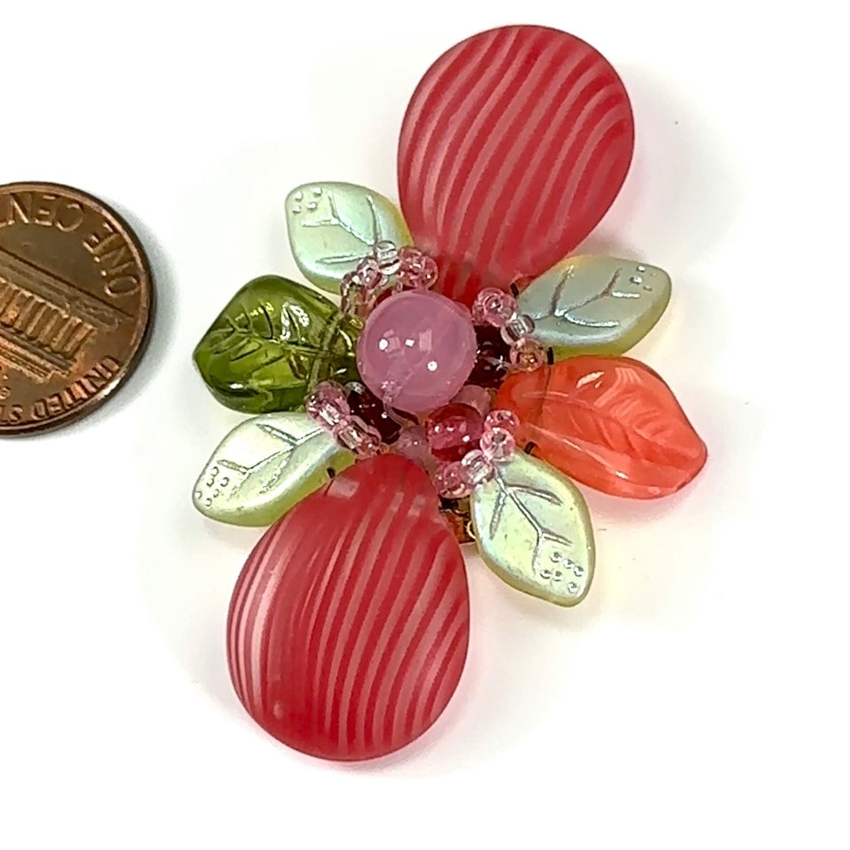 Czech Glass Beads 2 inch Flower Ornament Red Striped and Green Combination 1 piece CA059