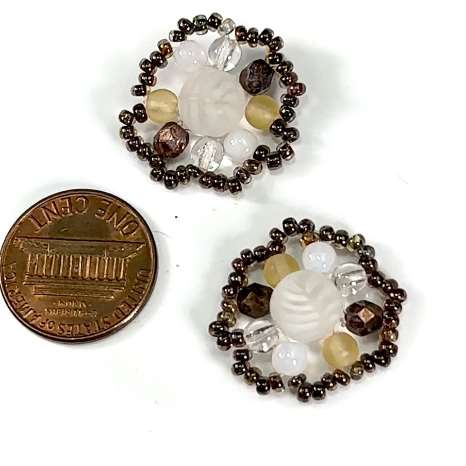 Czech Glass Beads 0.8 inch Round Ornament White Opal and Brown Combination 2 pieces CA064