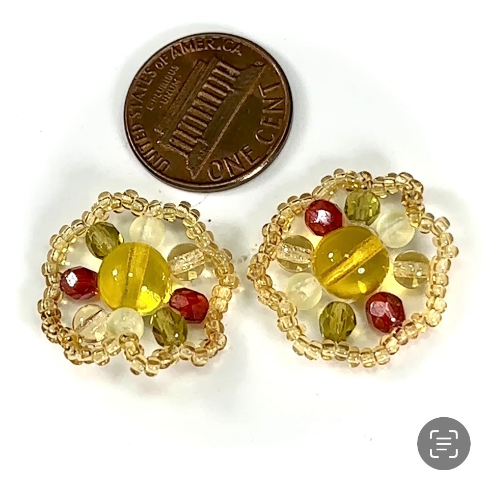 Czech Glass Beads 0.8 inch Round Ornament Yellow Combination 2 pieces CA065
